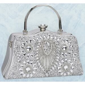Elegant Silver Peacock Crystal Bag 9.6” L x 5.3” T x 4.3” W, Shoulder Chain 24"